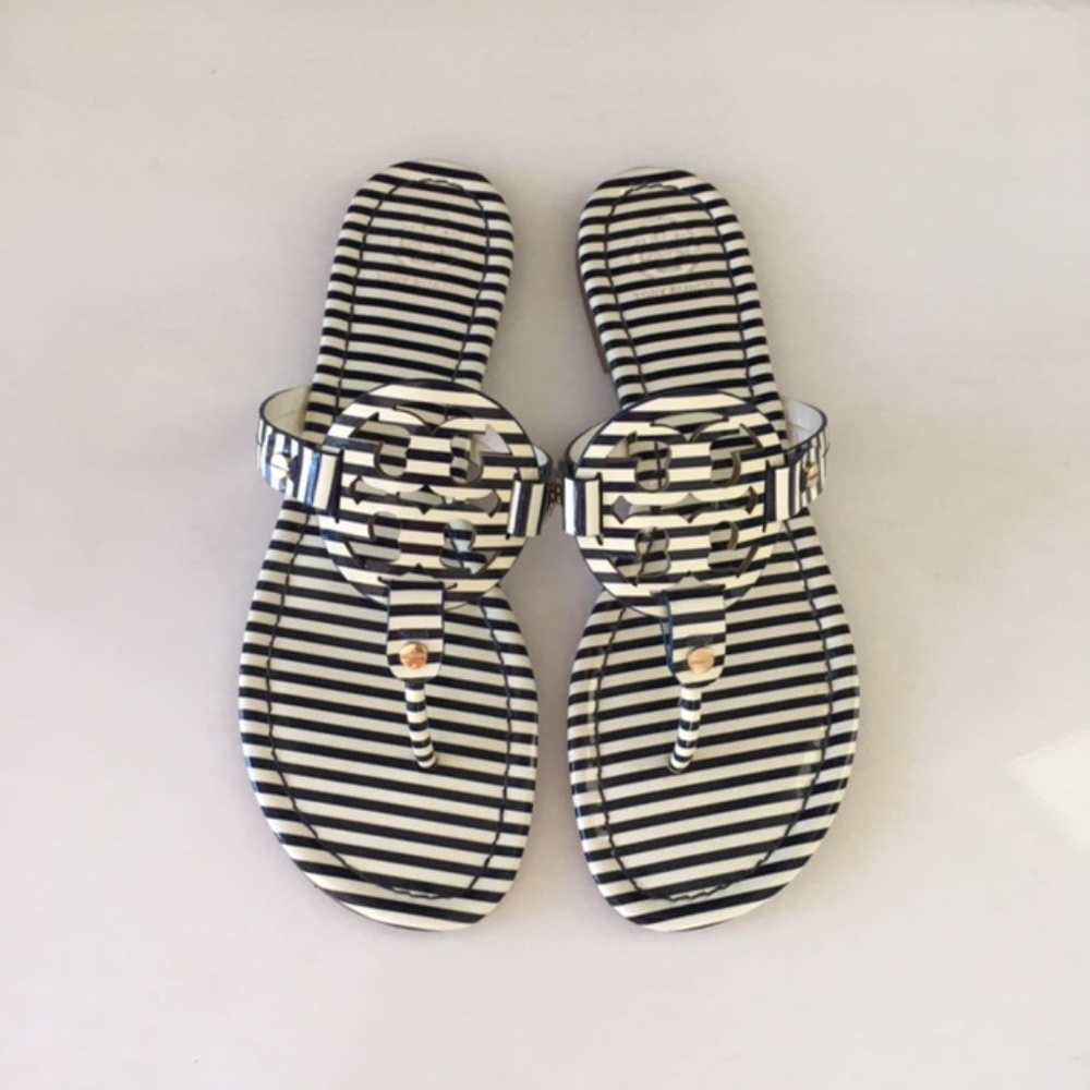 Tory Burch Navy and White Stripe Miller Sandals 8
